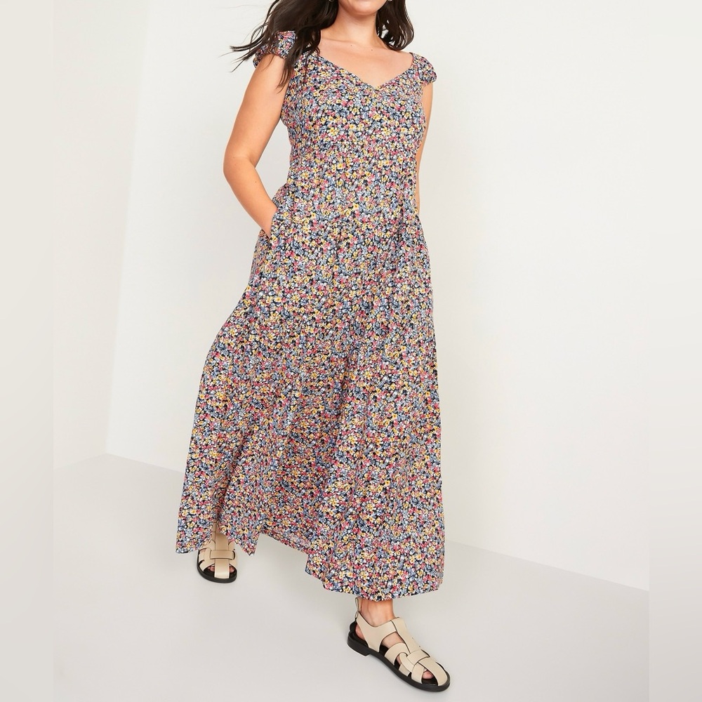 Old Navy Red Blue Yellow Pink Floral Cotton Tiered Maxi Long Dress Small